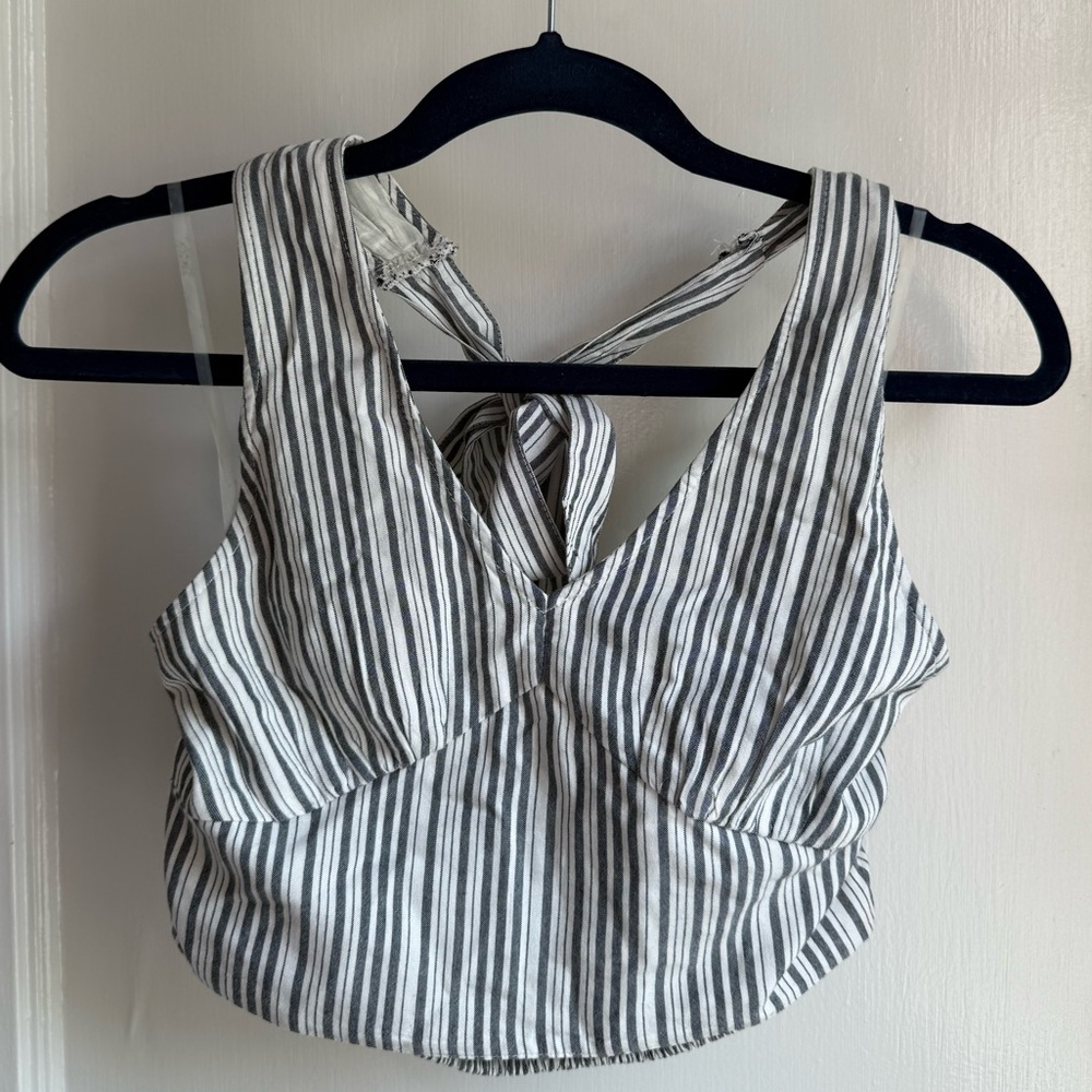 American Eagle Outfitters White and Blue Stripe Tie Halter Tank Crop Top Size XS